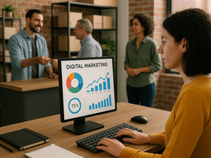 pequena empresa atendendo clientes enquanto gestora analisa gráficos de marketing digital no computador
