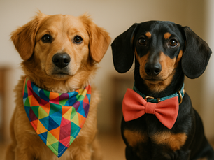 Pets usando uma bandana colorida, ao lado de outro com laço e coleira estilosa
