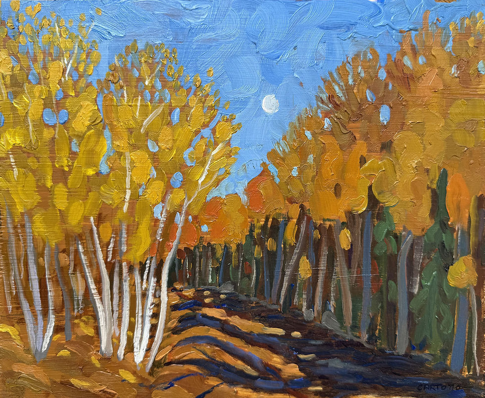 Aspen, Birch, Setting Moon - landscape painting by Robert Cortotto