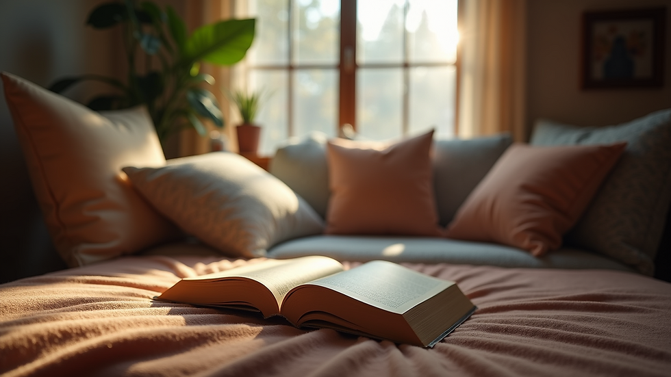Eye-level view of a cozy reading nook with books and cushions