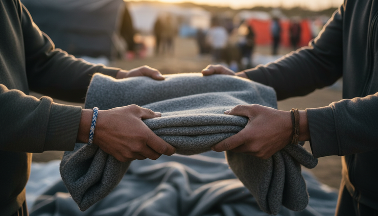 Close-up view of hands passing a folded blanket at a relief site.