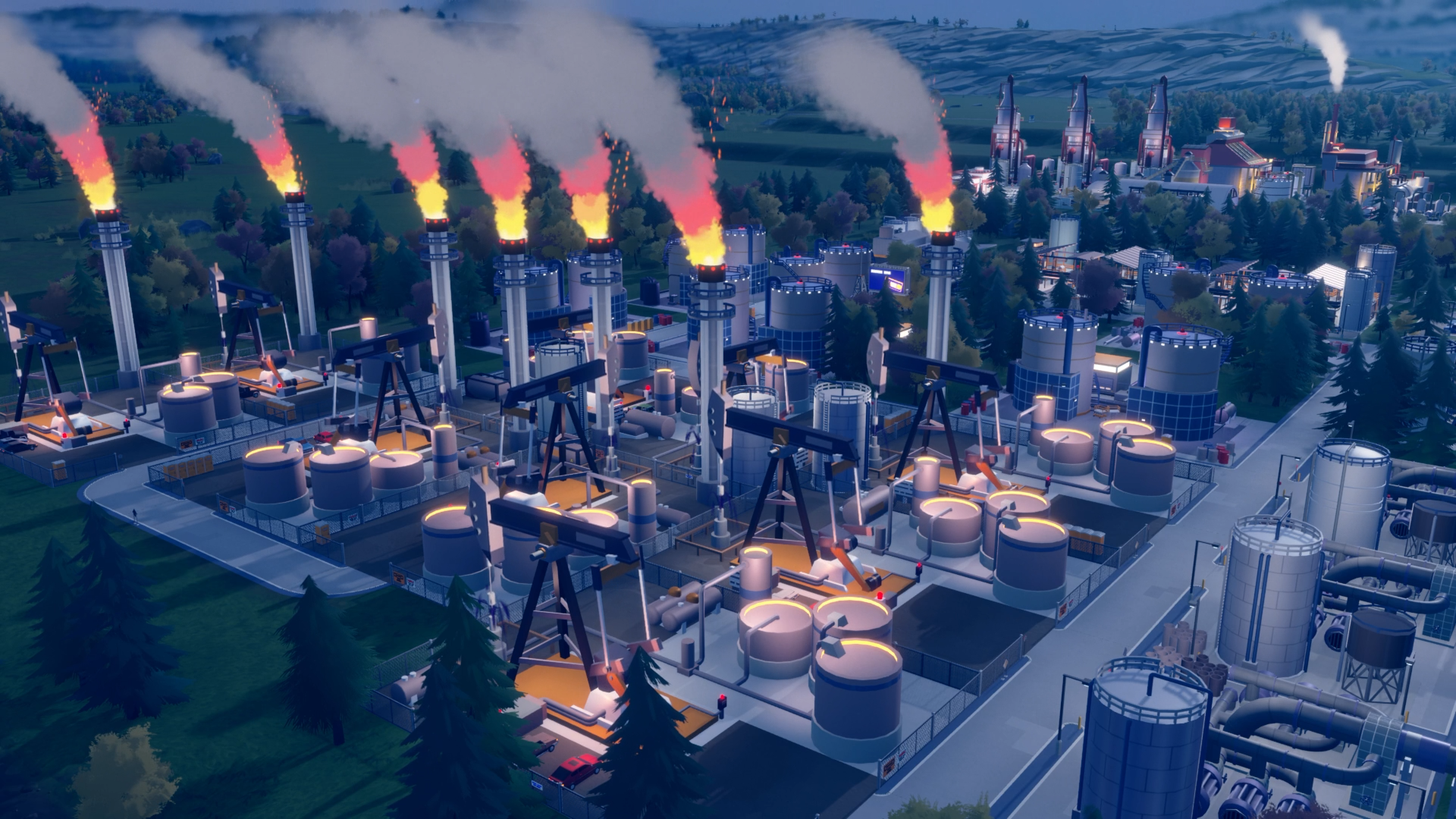 An oil refinery at night in Rise of Industry 2