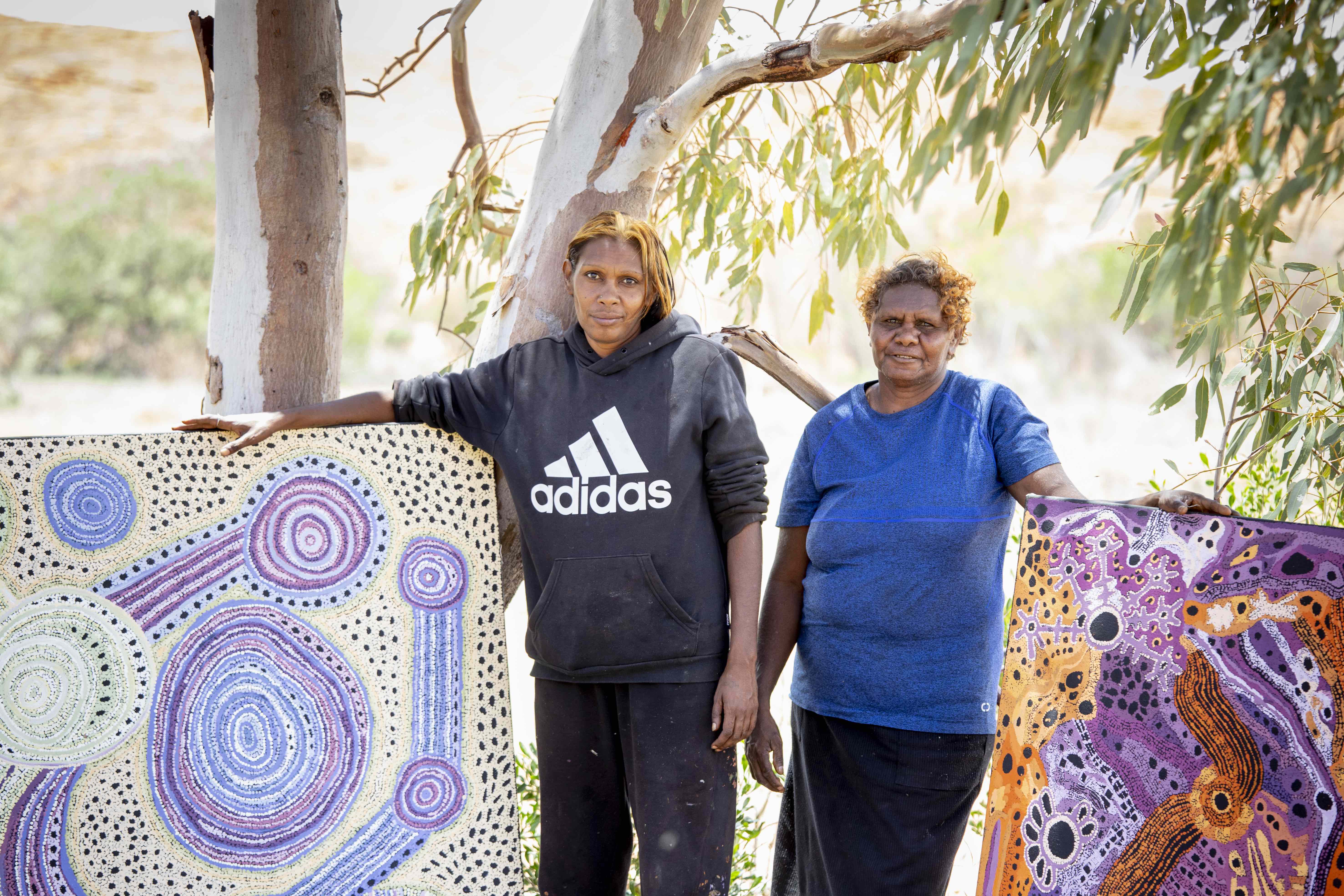 Emma Singer and her mother Pauline Wangin presenting new works for Tarnanthi 2020, photo: Meg Hansen