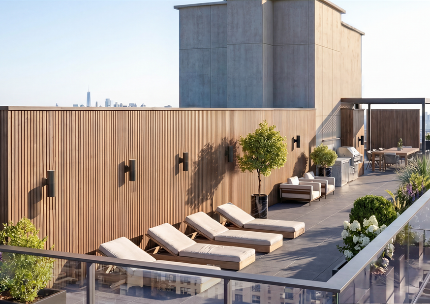 Landscaped rooftop terrace at CRESYN Long Island City featuring BBQ grills, lounge seating, dining areas, and Manhattan skyline views.
