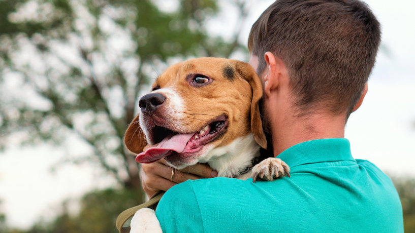 man hugging dog