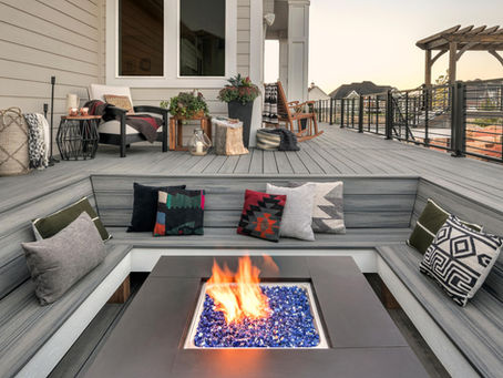 deck with built in seating and fire pit