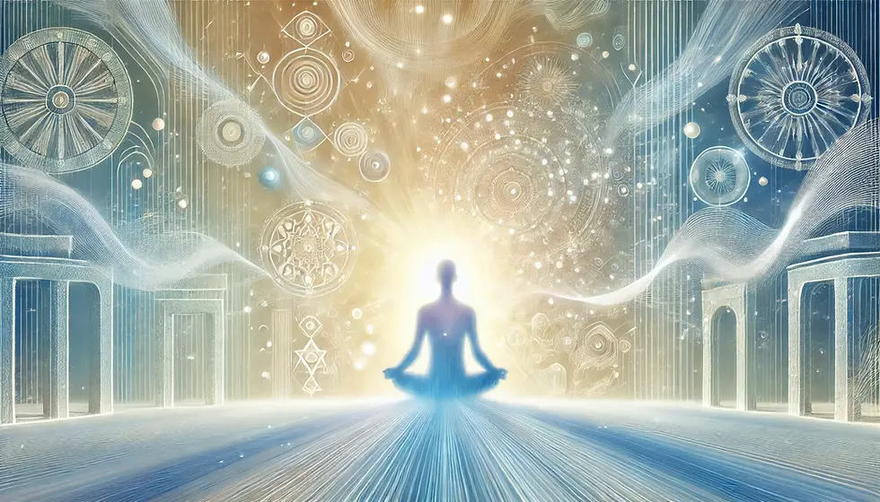 Serene illustration of a meditating figure surrounded by circular energy fields, symbolizing self-discovery, spiritual connection, and exploration in QHHT.