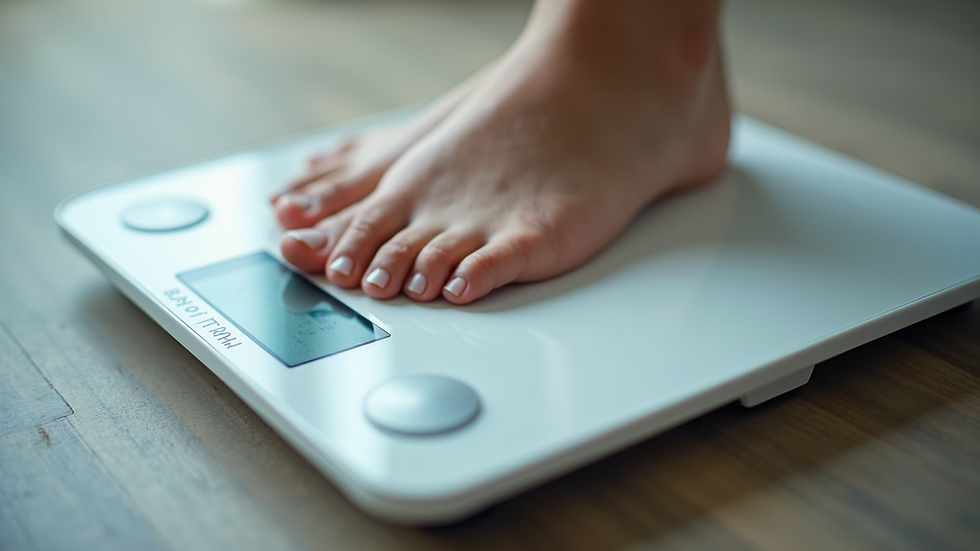 Eye-level view of a digital scale showing weight and body fat percentage