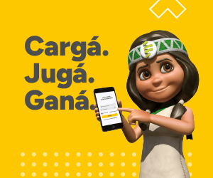 Caricatura con celular que dice Cargá, Jugá, Ganá.