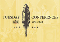Graphic of The God Minute's Tuesday Conferences program. Graphic includes a background with representation of St. Vincent dePaul teaching young priests.  The background has a gold screen in front.  The logo says "Tuesday Conferences" and includes a feather quill and The God Mintue logo.