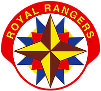 Royal Rangers logo, it's a circular logo that is red on the outside, white background inside with a compass looking star