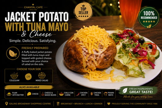Freshly baked jacket potato filled with creamy tuna mayonnaise, topped with melted Cheddar cheese and served with a fresh mixed salad at Chantal Café in Ealing Broadway Shopping Centre.