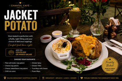 Freshly baked jacket potato with melted cheese, served with homemade coleslaw and fresh salad at Chantal Café in Ealing Broadway Shopping Centre.