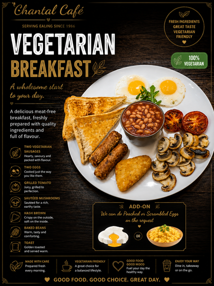 Freshly prepared Vegetarian Breakfast with vegetarian sausages, eggs, baked beans, grilled tomato, mushrooms, hash brown and toast, served at Chantal Café in Ealing Broadway.