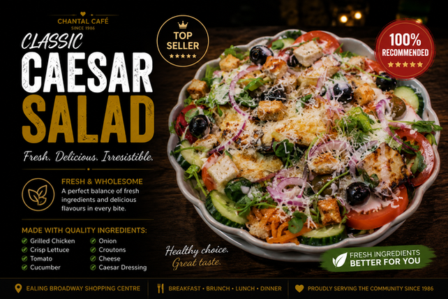 Classic Chicken Caesar Salad with grilled chicken, Parmesan cheese, croutons, lettuce, tomatoes, cucumber and red onion served fresh at Chantal Café in Ealing Broadway Shopping Centre.