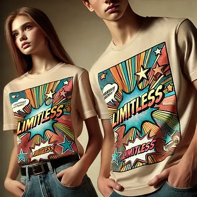 DALL·E 2024-12-16 17.13.20 - Two teenagers, one girl and one boy, wearing beige T-shirts with a vibrant comic book-style design, similar to the previous images. The T-shirts featu.webp
