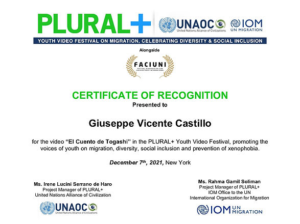 27) Certificado de Reconocimiento de Selección en el Festival PLURAL + Youth Video y FACIU