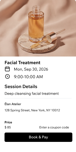 Booking page for a facial treatment session showing serum bottles on a stone pedestal, with date, location, price, and a Book and Pay button
