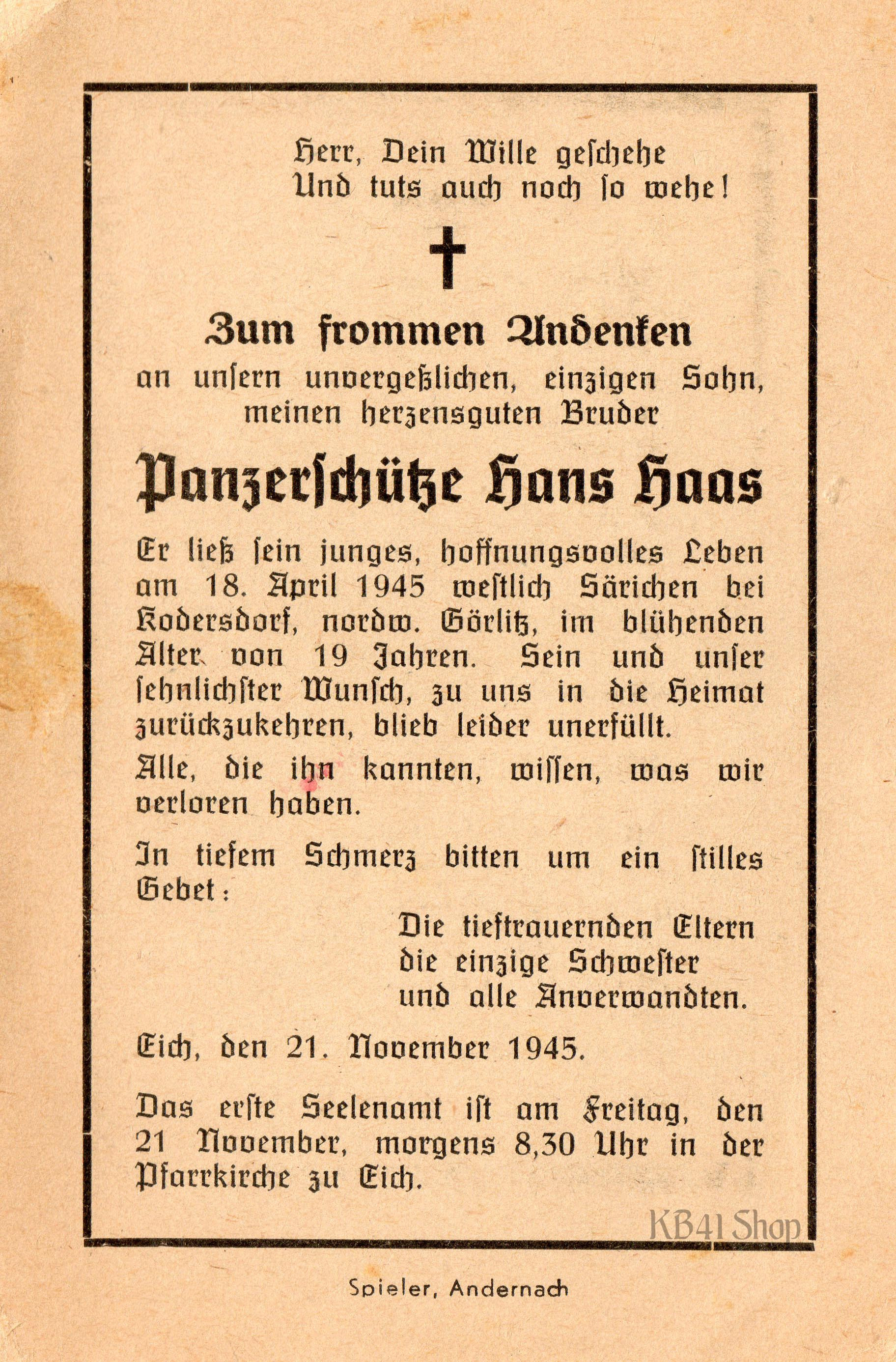 Panzerschütze Hans Haas KIA April 1945