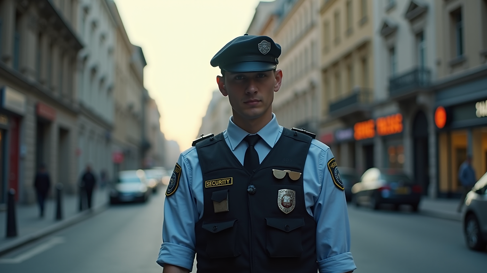 Eye-level view of a professional security guard standing alert in an urban street