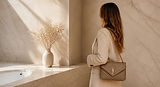 Frau mit beiger Handtasche vor Marmorwand