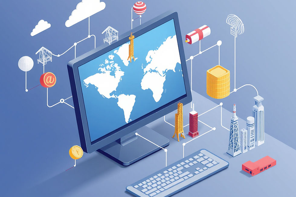 A digital illustration of a computer monitor displaying a world map, surrounded by icons representing global communication and infrastructure, symbolizing technological interconnectedness.