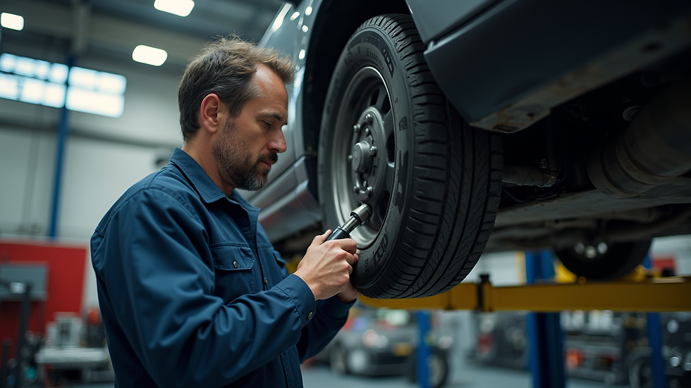 Eye-level view of a mechanic inspecting a steering rack in a garage