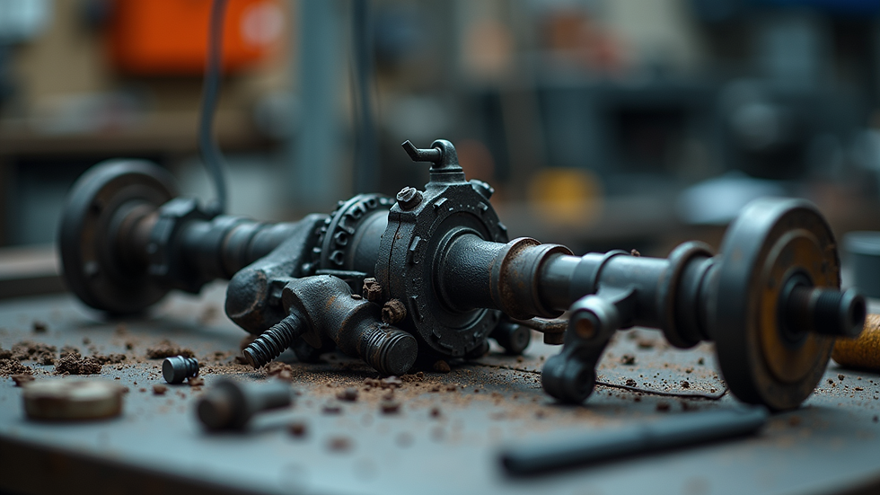 Close-up view of a disassembled steering rack on a workbench