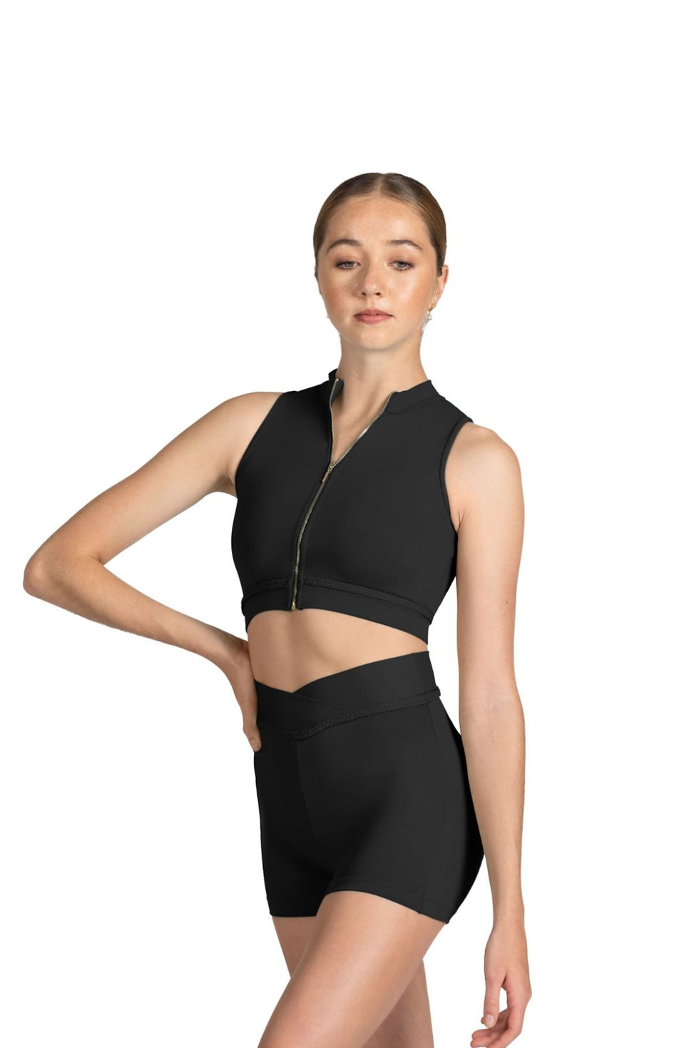 Braid Detail Zip Front Crop Top - Black