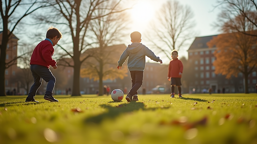 Eye-level view of children playing football in a park