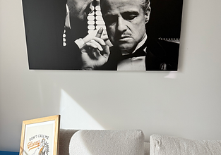 Single framed wall art professionally mounted above a sofa