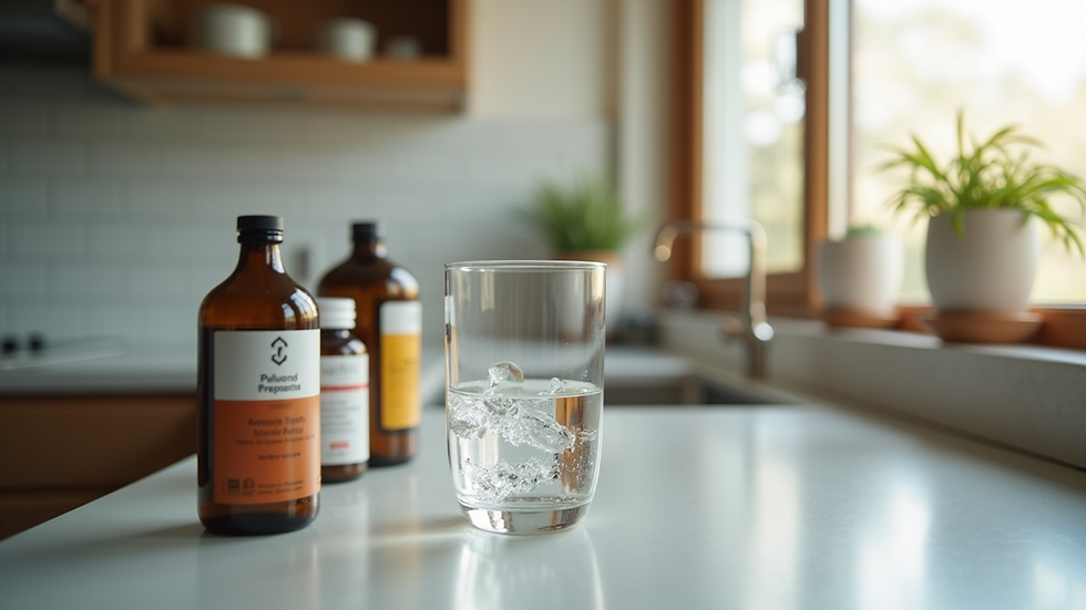 Eye-level view of a kitchen counter with a glass of water and supplement bottles