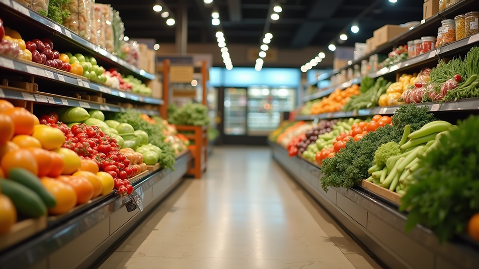 Eye-level view of a health food store aisle with fresh organic produce