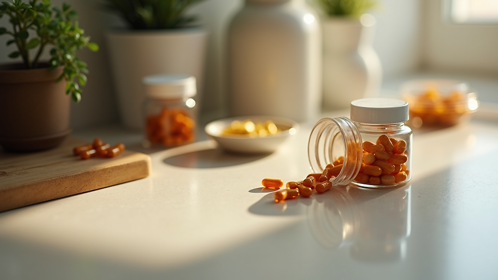 High angle view of a morning supplement routine with vitamins and herbal capsules on a kitchen counter