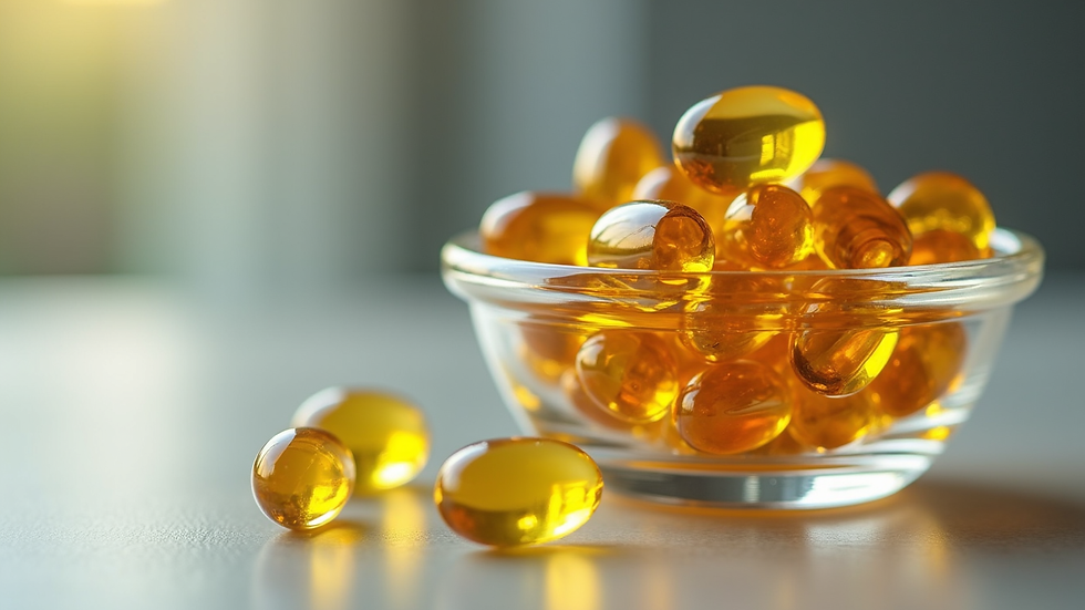 Close-up view of omega-3 fish oil capsules in a glass bowl