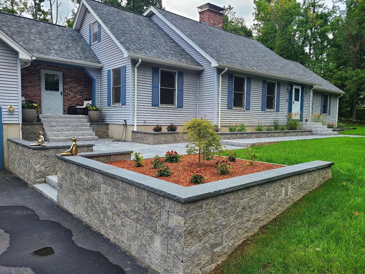 Retaining walls, walkway, and stairs