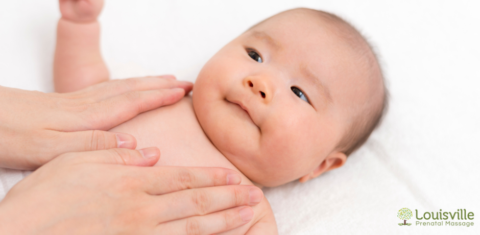 Baby lying on white blanket, receiving gentle massage. Baby looks content. "Louisville Prenatal Massage" text with tree logo in corner.