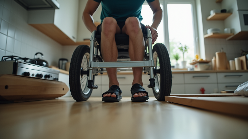 Eye-level view of a person using adaptive equipment in a kitchen setting