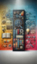 Vertical banner for a digital encyclopedia, featuring various symbols representing knowledge and learning such as books, a globe, magnifying glasses, gears, and digital icons. The colorful and vibrant background emphasizes themes of science, technology, history, and culture, representing a universal approach to knowledge without any text or letters.
