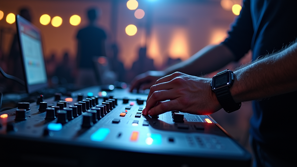 Close-up view of a sound technician adjusting audio equipment at an event