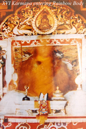 The XVI Karmapa during a Black Crown Ceremony, San Francisco, 1970s — showing partial transparency of the upper body