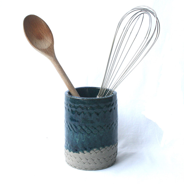 Patterned Utensil Pot Blue Green Dark