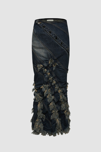 【PONDER.ER】RAVEL Smocked & Frayed Skirt Blue RAVEL