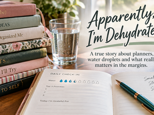 Open planner with water-tracking droplets beside stacked journals and glasses of water for the essay “Apparently, I’m Dehydrated.”
