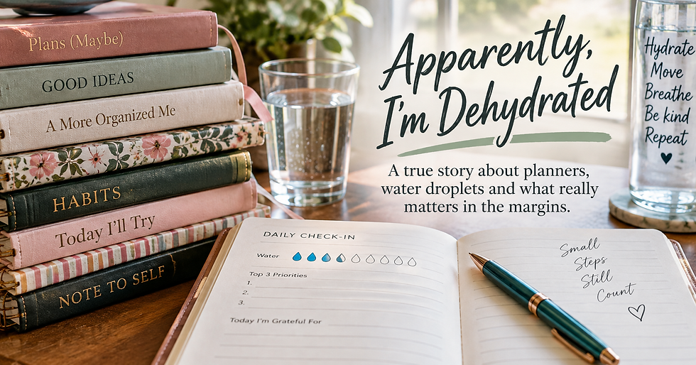 Open planner with water-tracking droplets beside stacked journals and glasses of water for the essay “Apparently, I’m Dehydrated.”