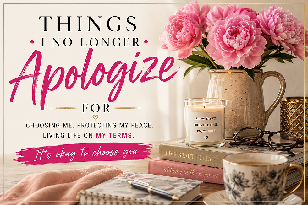 Lifestyle blog graphic for "Things I No Longer Apologize For," featuring pink peonies, a candle, books, and a cozy coffee vignette celebrating intentional living, self-care, and confidence after 50.