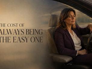 A tired but composed woman pauses alone in her parked car beneath the title “The Cost of Always Being the Easy One.”