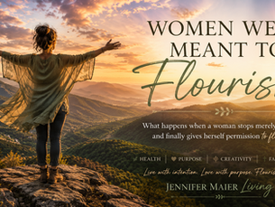Woman standing on a mountain overlook at sunrise with her arms outstretched, gazing over rolling forest-covered hills and valleys, symbolizing freedom, hope, personal growth, and flourishing in midlife.