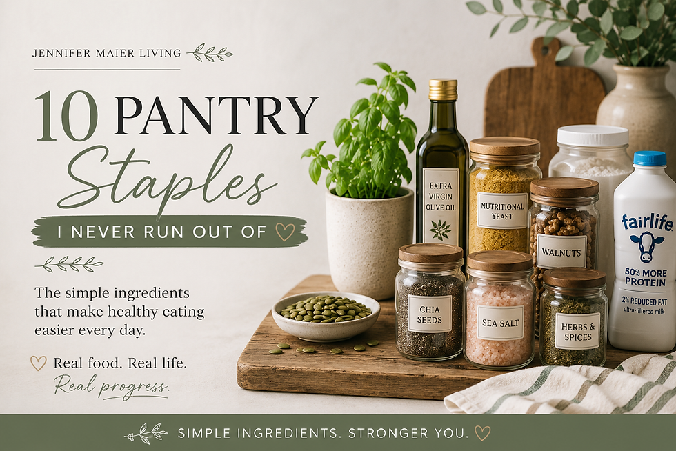 Blog graphic for "10 Pantry Staples I Never Run Out Of" featuring healthy pantry staples including olive oil, chia seeds, walnuts, nutritional yeast, protein powder, herbs, and high-protein milk.