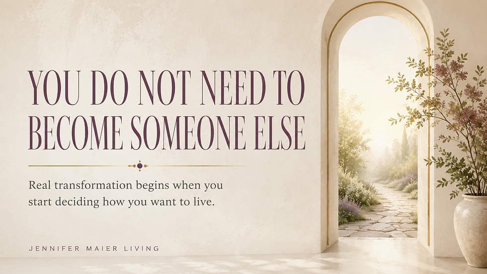 Horizontal editorial graphic featuring an open arched doorway and garden path with the words “You Do Not Need to Become Someone Else.”